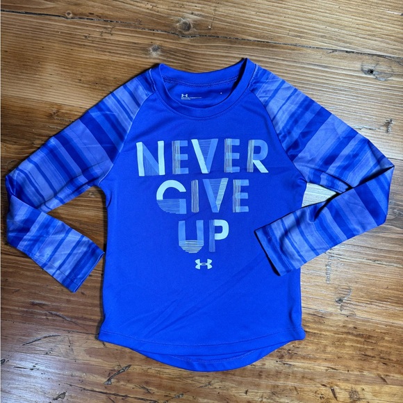 Under Armour Girls Long Sleeve Baseball T-Shirt Never Give Up Graphic Purple 4 - Picture 2 of 8